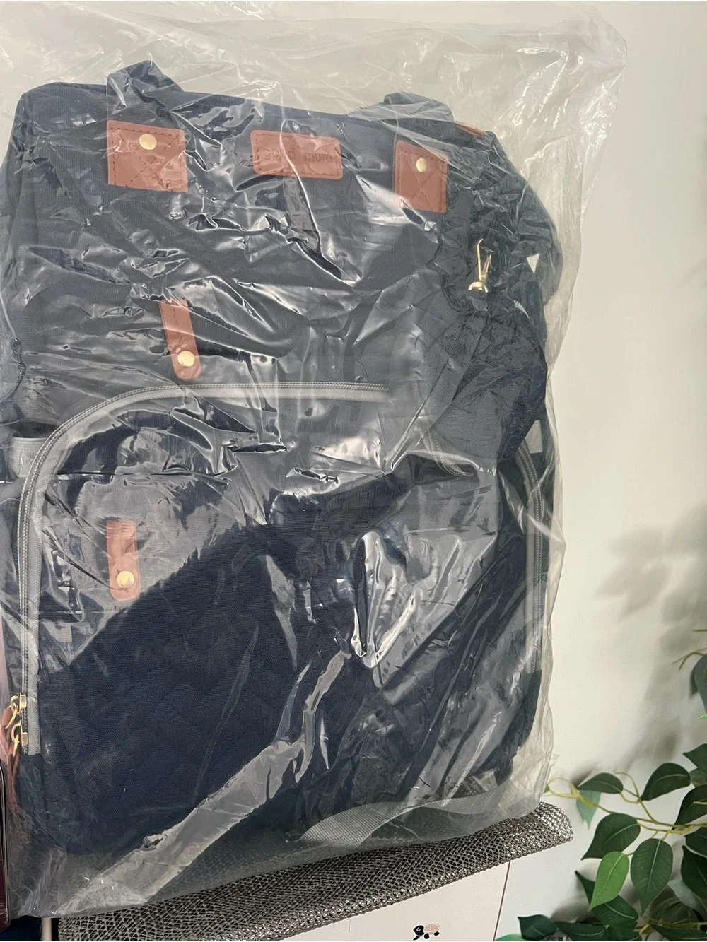 Quilted Navy Diaper Backpack with Brown Trim